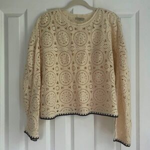 Cream Black Trim Crochet Knit Medallion Bohemian Coastal Sweater Top Size XL
